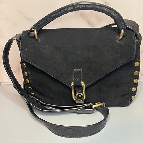 Lionel Black Suede & Leather Crossbody Bag / Top Handle Bag w/ Gold Brass Studs - Picture 14 of 14